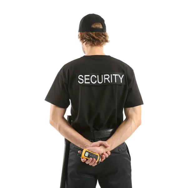 Αρσενικό Φρουρά Ασφαλείας Πομπό Φορητό Ραδιόφωνο Άσπρο Φόντο — Φωτογραφία Αρχείου