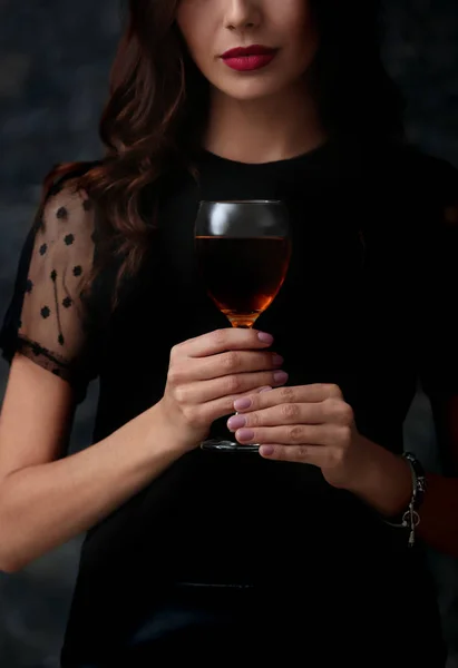 Beautiful Young Woman Glass Wine Dark Background — Stock Photo, Image