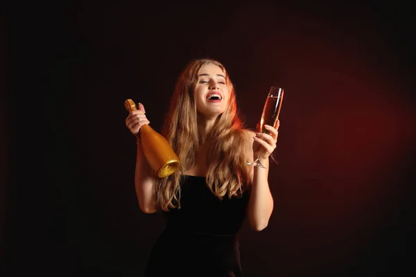 Beautiful Young Woman Glass Bottle Champagne Dark Background — Stock Photo, Image