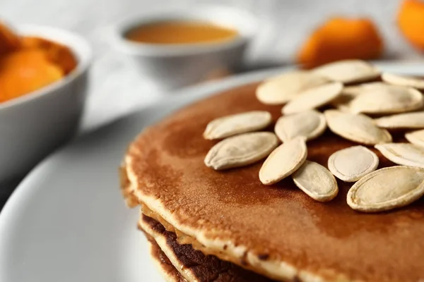 Plate Hot Tasty Pancakes Pumpkin Seeds Closeup — Stock Photo, Image