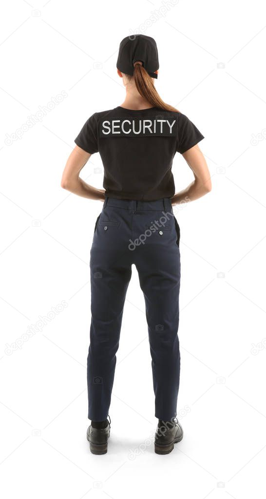 Female security guard on white background, back view