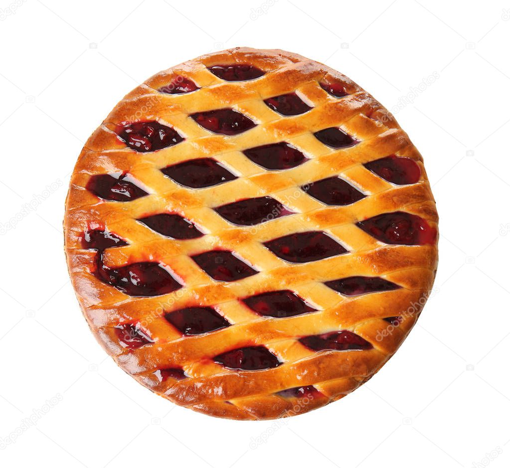 Sweet tasty Christmas pie stuffed with cranberry jam on white background