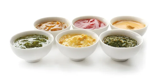 Different Tasty Sauces Bowls White Background — Stock Photo, Image