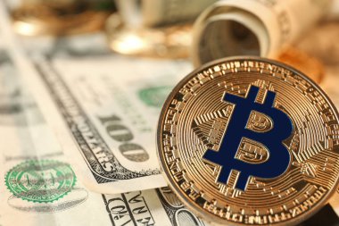 Bitcoin doları banknot, closeup üzerinde