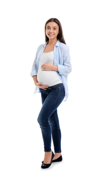 Mooie Zwangere Vrouw Witte Achtergrond — Stockfoto