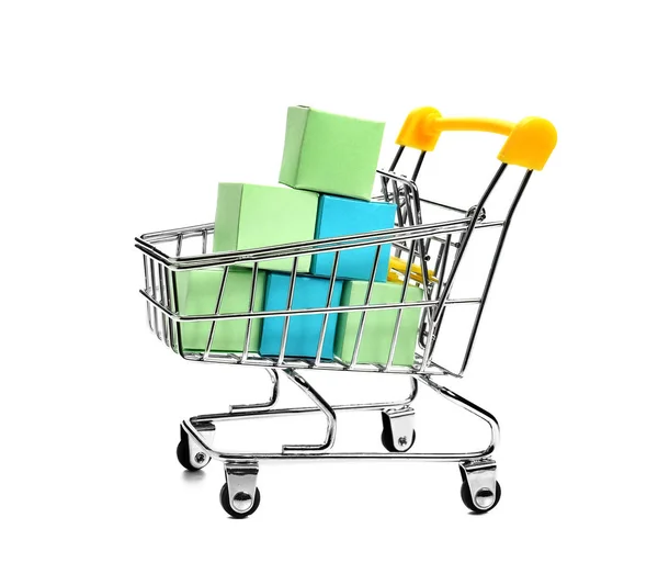 Shopping Cart Small Boxes White Background — Stock Photo, Image