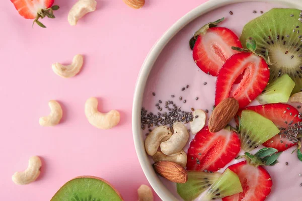 Bowl Pink Yogurt Fresh Fruits Color Background — Stock Photo, Image
