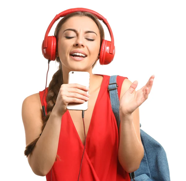 Beautiful Woman Listening Music White Background — Stock Photo, Image