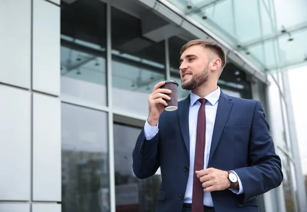 Young Businessman Cup Aromatic Coffee Outdoors — Stock Photo, Image