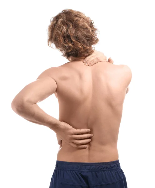 Young Man Suffering Back Pain White Background — Stock Photo, Image