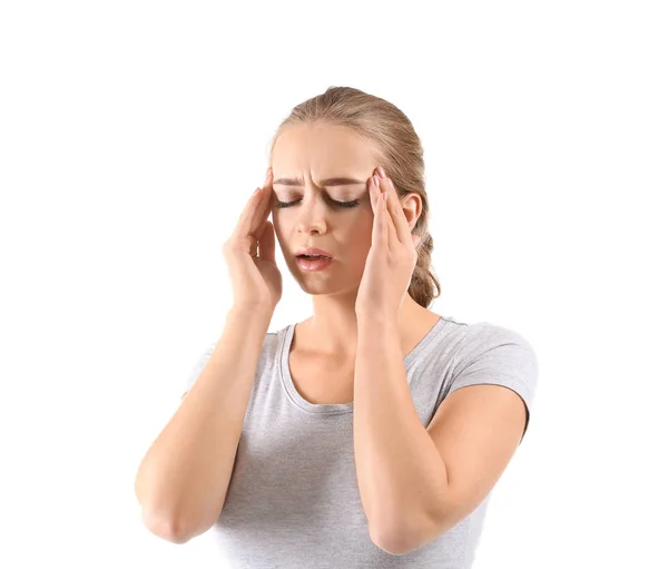 Young Woman Suffering Headache White Background — Stock Photo, Image