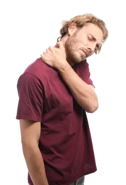 Young Man Suffering Neck Pain White Background — Stock Photo, Image