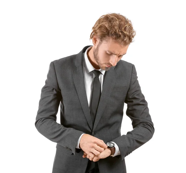Young Businessman Looking Watch White Background — Stock Photo, Image