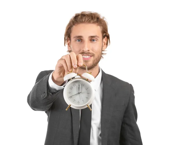 Young Businessman Alarm Clock White Background — Stock Photo, Image