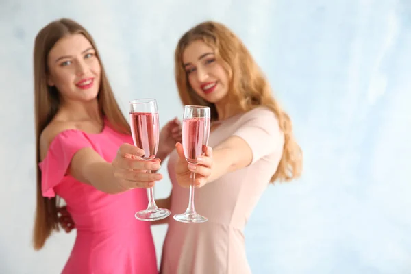 Beautiful Young Women Glasses Champagne Light Background — Stock Photo, Image