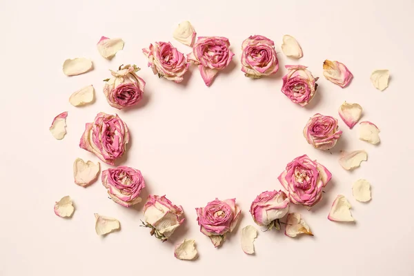 Frame Made Beautiful Dry Roses White Background — Stock Photo, Image