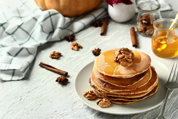 Stack Hot Tasty Pumpkin Pancakes Honey Walnuts Plate — Stock Photo, Image