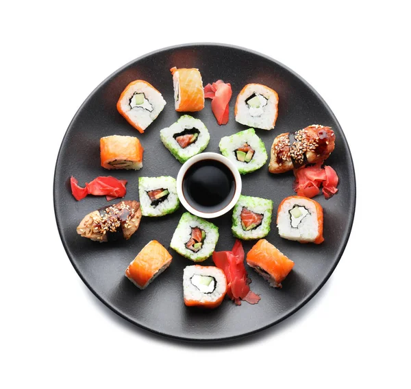 Piatto Con Sushi Gustoso Sfondo Bianco — Foto Stock