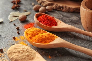 Kaşık gri tablo, closeup farklı Aromatik baharatlar ile