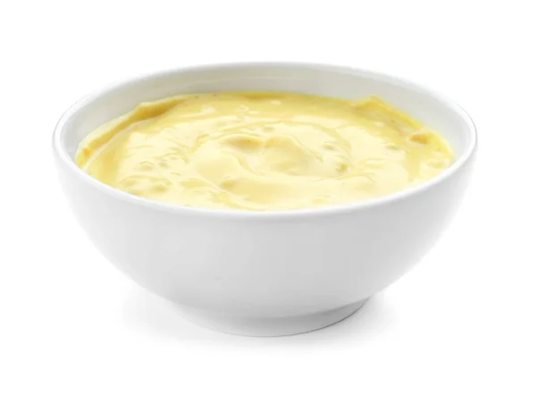 Leckere Gelbe Sauce Schüssel Auf Weißem Hintergrund — Stockfoto