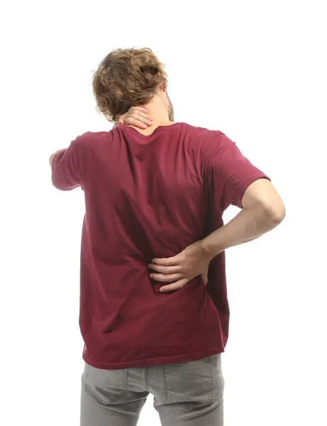 Young Man Suffering Back Pain White Background — Stock Photo, Image