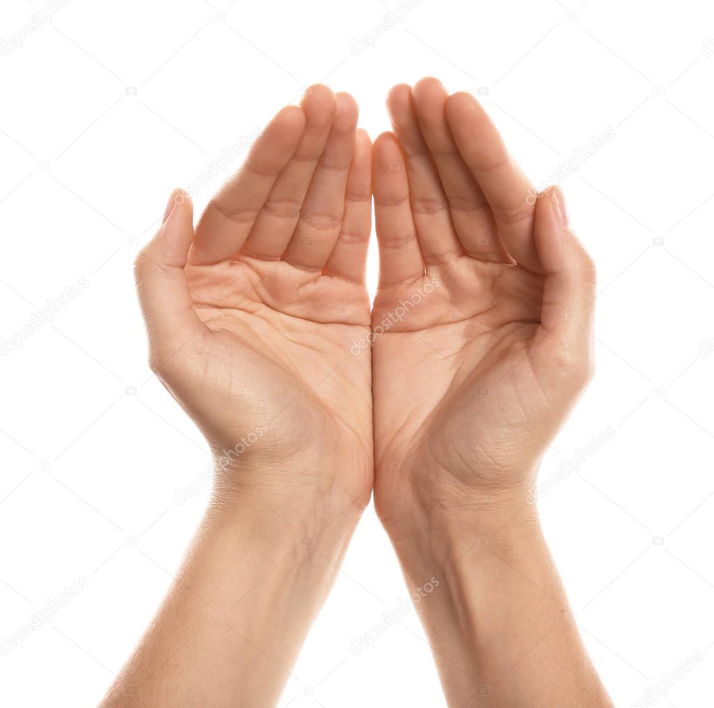 Female hands on white background