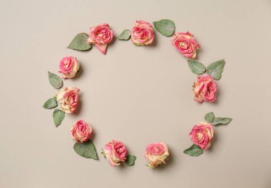 Güzel kuru gül ışık arka plan üzerinde çerçeve yapılmış