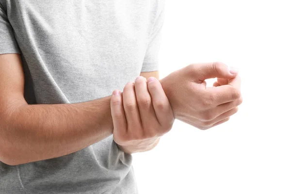 Young Man Suffering Pain Wrist White Background Closeup — Stock Photo, Image