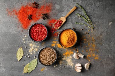 Gri arka plan üzerinde farklı Aromatik baharatlar ile kase