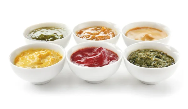 Different Tasty Sauces Bowls White Background — Stock Photo, Image