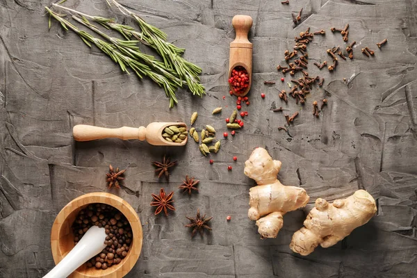 Composition Different Aromatic Spices Grey Background — Stock Photo, Image