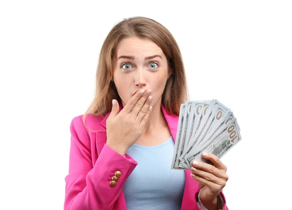 Mujer Sorprendida Con Mucho Dinero Sobre Fondo Blanco —  Fotos de Stock