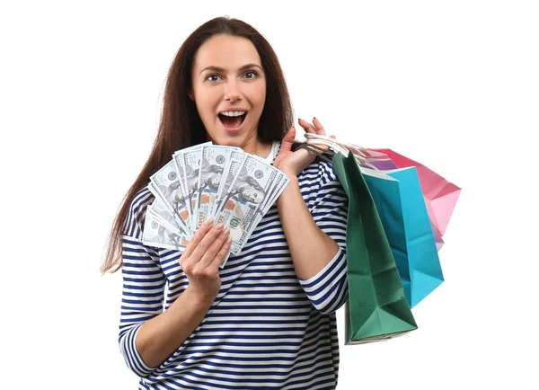 Excited Young Woman Shopping Bags Lot Money White Background — Stock Photo, Image