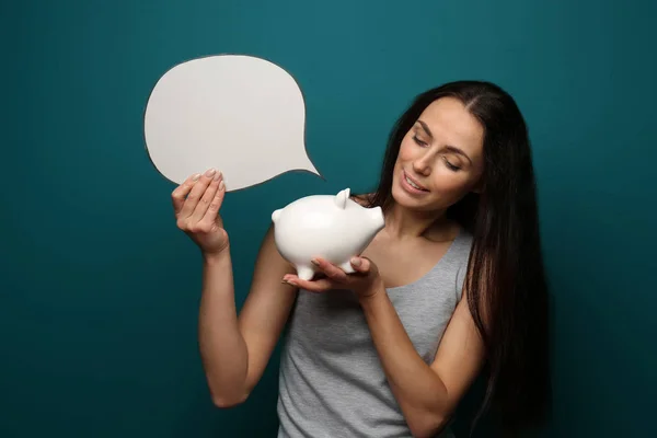 Beautiful Young Woman Piggy Bank Speech Bubble Color Background — Stock Photo, Image