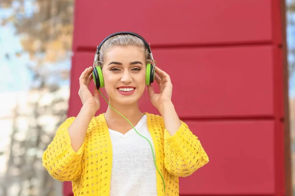 Beautiful Young Woman Listening Music Outdoors — Stock Photo, Image