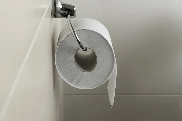 Rulo Tuvalet Duvarındaki Yumuşak Tuvalet Kağıdı Ile Sahibi — Stok fotoğraf