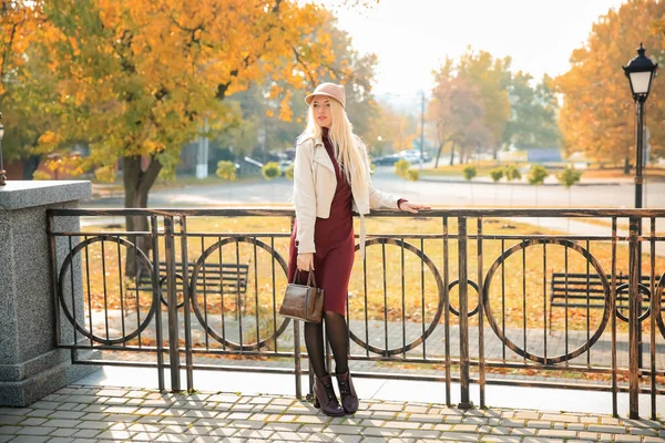 Belle Femme Mode Dans Parc Automne — Photo