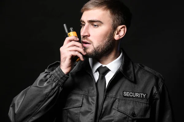Male Security Guard Portable Radio Transmitter Dark Background — Stock Photo, Image