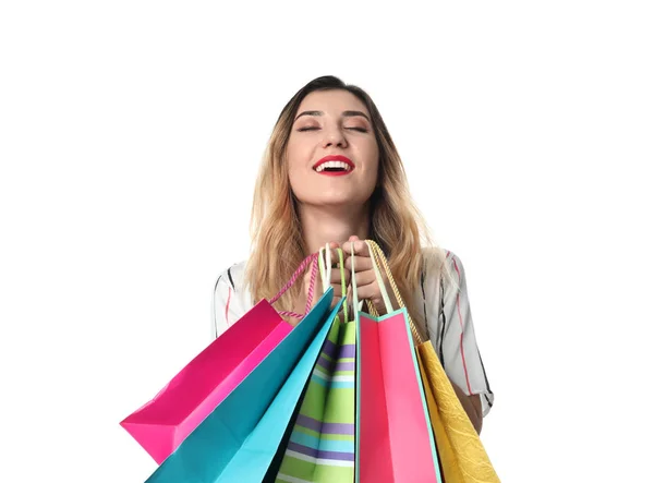 Mujer Joven Feliz Con Bolsas Compras Sobre Fondo Blanco —  Fotos de Stock