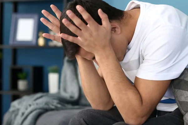 Young Man Suffering Headache Home — Stock Photo, Image