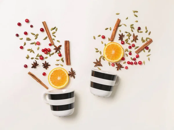 Composition Cups Ingredients Tasty Mulled Wine White Background — Stock Photo, Image