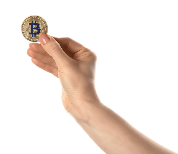 Female Hand Bitcoin White Background — Stock Photo, Image