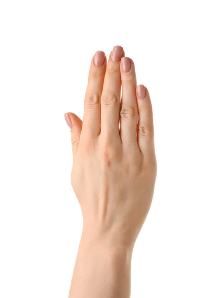 Vrouwelijke Hand Met Naakt Manicure Witte Achtergrond — Stockfoto