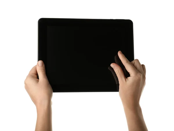 Beyaz Arkaplanda Tablet Bilgisayarı Olan Kadın Elleri — Stok fotoğraf