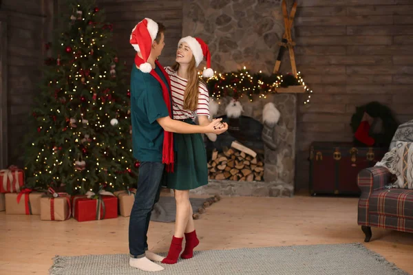 Happy Young Couple Dancing Room Decorated Christmas — Stock Photo, Image