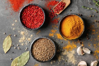 Gri arka plan üzerinde farklı Aromatik baharatlar ile kase