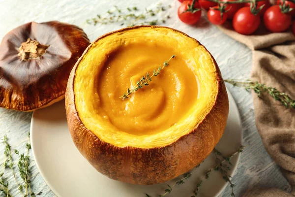 Tasty Cream Soup Served Pumpkin Plate — Stock Photo, Image