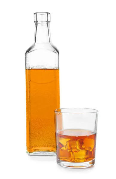 Fles Glas Whisky Witte Achtergrond — Stockfoto