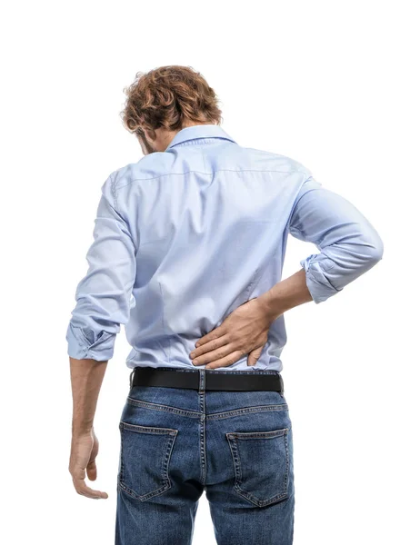 Young Man Suffering Back Pain White Background — Stock Photo, Image