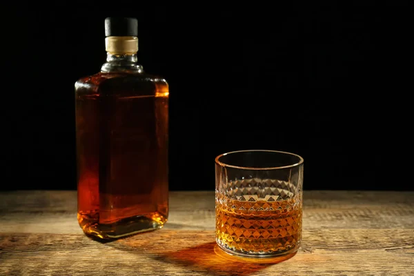 Bottle Glass Whiskey Wooden Table Dark Background — Stock Photo, Image